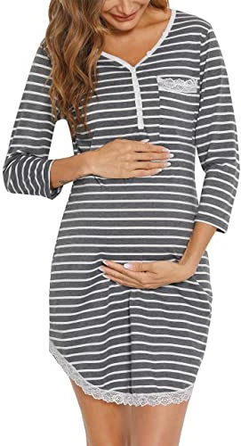 Yukiuiny Chemises de Nuit Femme Coton Dentelle Nuisette Robe de Nuit Courte T Shirt de Nuit Pyjama Casual Col V Sexy Maternité Allaitement Top Confortable Gris Rayé XL
