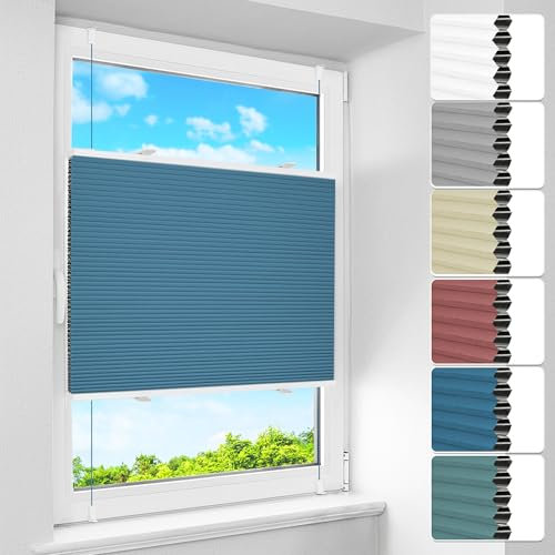 BelleMax Wabenplissee ohne Bohren Verdunkelung Thermo Plissee Klemmfix, Blau-weiß 45x120 cm (BxH), 100% Blickdicht Verdunklungsplissee, Schallschutz Sonnenschutz Doppelplissee für Fenster