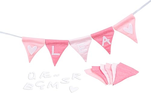 goki 60676 - Buchstabenwimpelkette rosa, mit 10 Wimpeln - aus Stoff - personalisierbar - Buchstaben sind selbstklebend