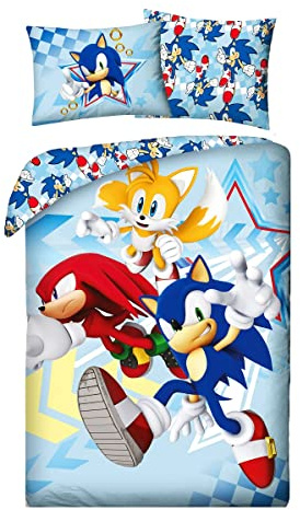 Sonic Tails Knuckles Funda Nórdica Cama 90 140x200 + Funda Almohada 70x90 | Ropa de cama reversible | Algodón natural multicolor | SEGA oficial | Niño | Regalo | Lavable a máquina