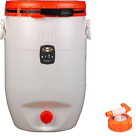Mostfass 60 Liter mit Auslaufhahn NW10, Gärfass PE (60 L rund) für Most, Wein, Cider, Säfte, Glühwein, Getränke, Fass Getränkefass lebensmittelecht, Kunststoff Gärbehälter Behälter