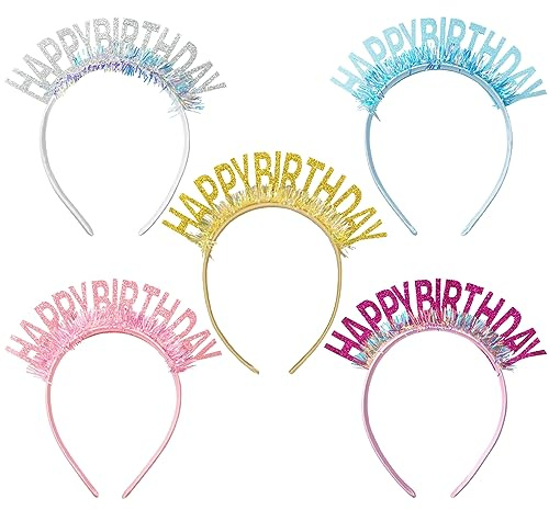 Kunyeah Juego de 5 diademas de feliz cumpleaños para niña, corona con purpurina, accesorios para el cabello