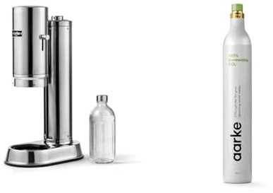 Aarke Carbonator Pro, Kolsyremaskin i Rostfritt Stœl med Glasflaska, Stœl & Aarke 60L CO2-cylinder för Kolsyremaskiner, 100% Förnybar Gas