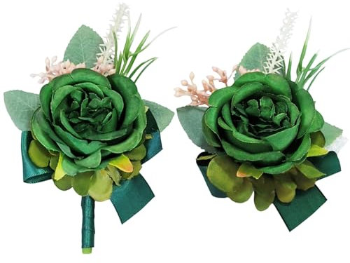MAFELOE Künstliche Ansteckblume für Bräutigam, Braut, Trauzeugen, Brautjungfern, Kunstblumen, Accessoires, Hochzeit, Party, Abschlussball, Anzug, Dekorationen, 2 Stück, Dunkelgrün