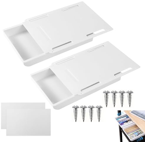 Lådor under skrivbord, 2 stycken skrivbordsförvaring, självhäftande lådor, organisatör, dolda underbord, låda för kontor, bord, toalettbord, hem, kontor (vit)