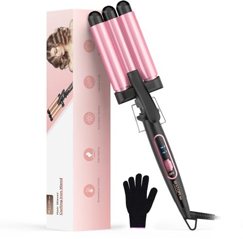 BESTOPE MIX Lockenstab für Haar Lockenstab 3 Fässer Beach Waves Lockenstab mit LCD Display, Mermaid Hair Waver 22mm Schnelles Aufheizen rosa