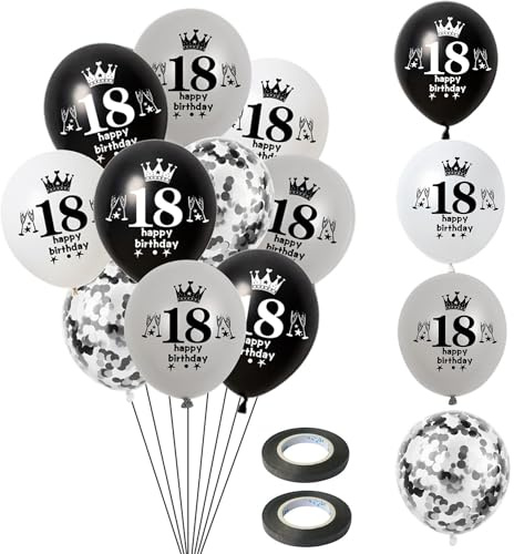 Luftballon 18. Geburtstag Jungen Mädchen Deko 14 Stück Schwarz Silber weiß Ballons 18. Geburtstag Dekoration 18 Latex Ballon Geburtstagsdeko 18 jahre Mädchen Junge Party deko