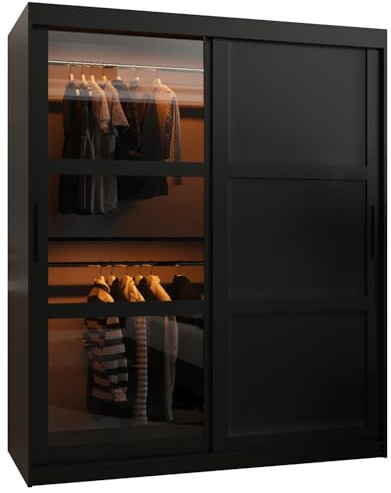 MEBLE KRYSPOL Dome 3 Schrank mit Zwei Schiebetüren, Stangen und Regalen - Aufbewahrungsschrank mit Rauchglas für Schlafzimmer, Wohnzimmer - 200x150x62cm - Schwarz, Schwarz, Schwarz