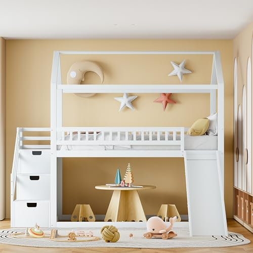 Etagenbett Kinderbett 90 x 200, Hausbett für 2 Kinder, Hochbett mit Rutsche und Stauraumtreppe, Bodenbett Stockbett Funktionsbett, Baumhaus Bett mit Rausfallschutz und Lattenrost, Weiß, Ohne Matratze