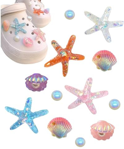 Tikono Lot de 12 breloques pour chaussures d'été, breloques de plage en plastique, jolie étoile de mer, coquillage, perles, décoration de sabots et sandales