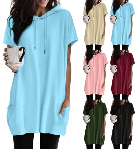 Tee Shirt Long Femme Sweat a Capuche Femme Hoodie T-Shirt Top Haut avec Poche Ourlet Ample à Manches Courtes Et Col Rond Tshirt en Coton D'été Oversize Basique Top Élégant Tunique Haut