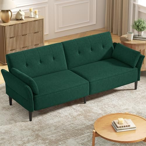 COPIAE 226 cm futon, bäddsoffa, sammetstyg, bekväm futonbäddsoffa med 2 fyrkantiga kuddar, konvertibel sovsoffa med justerbart ryggstöd och armstöd, modern kärlekssoffa för vardagsrum, sovrum