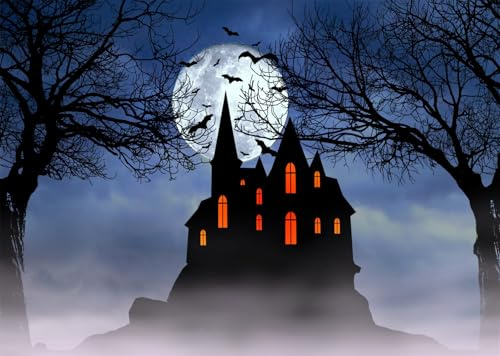 CORFOTO 1.5x1.2m Arrière-Plan de Nuit de Pleine Lune d'halloween, Toile de Fond de Photographie de château hanté, décor de fête d'halloween de forêt Sombre, Toile de Fond de Maison effrayante