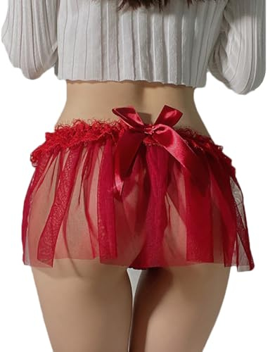 NewBull Skirted Panty Strings Sexy Lingerie Women Tulle Translucent Mini Skirt Thong Ruffle Lace Waist Underwear Low Rise Briefs Pants (UK, Alpha, One Size, Regular, Regular, Red)
