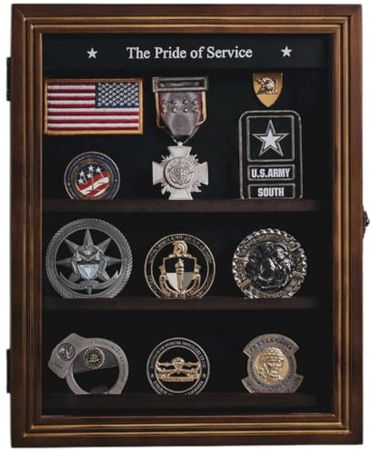 Treevers Large Challenge Coin Display Case - Pride of Service Engraved Edition - 17 Rows Military Shadow Box for Army, Navy & Police - Solid Wood Holder Cabinet with Lockable Glass Door & Wall Mount