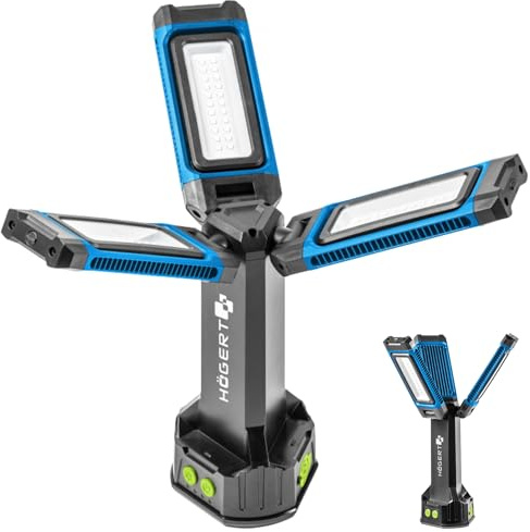Högert Technik Akku-Flutlicht 7000 lm, 3 Modi, 360° Beleuchtung, IP54 Staub- & Spritzwasserschutz, IK09 Stoßfestigkeit, 5 Std. Laufzeit, Powerbank, Magnetbefestigung, USB-C
