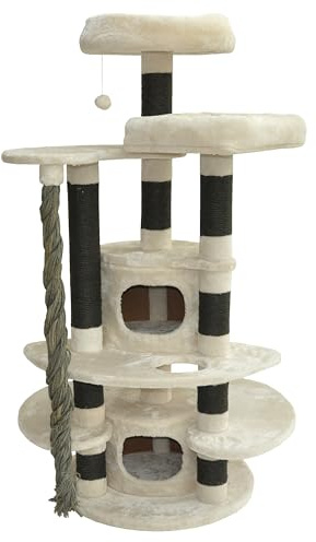 nanook Kratzbaum Katzenkratzbaum für Katzen 146 x 83 x 60 cm - Schwarze Kratzstämme - standfest - Zwei Katzenhöhlen - XL Liegeplatz - beige