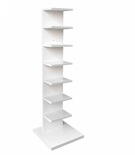 Libreria a torre verticale multistrato a 7 ripiani sospesi invisibili, libreria a scaletta alta e stretta, bianca