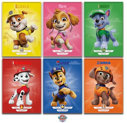 canvea PAW Patrol Affischset – väggdekoration för barnrum – presentidé för barn – 6 x A4-affischer (Chase, Marshall, Rubble, Skye, Rocky & Zuma)
