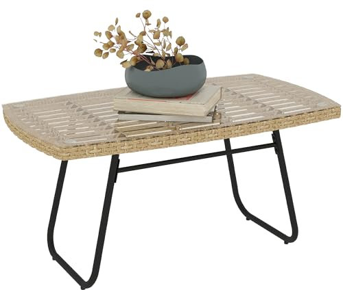 Outsunny Polyrattan Gartentisch, 90 x 50 x 45 cm, UV-beständig Beistelltisch mit Glasplatte, rechteckiger Terrassentisch, Balkontisch für Garten, Terrasse, Balkon Naturholz