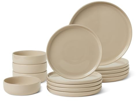 Amazon Basics Glazed Stoneware Dinnerware, 12-Piece Set, 4 Full Place Settings, Dishwasher-Safe, Microwave-Safe, Linen Gray