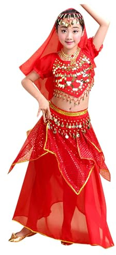 Costume indien 5 pièces pour fille - Costume de danse à paillettes - Jupe à paillettes - Haut voile - Chaîne de taille - Costume arabe - Costume - Spectacle de danse indienne - Halloween