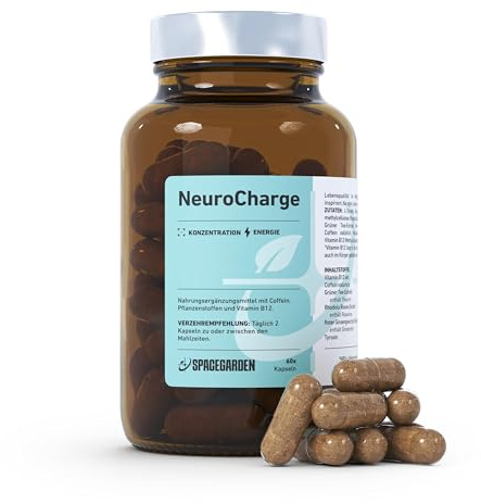 Spacegraden – NeuroCharge 60 Kapseln mit Vitamin B12, Koffein und L-Theanin – Unterstützt Fokus – Glutenfrei und ohne Zusatzstoffe – Produziert in Deutschland