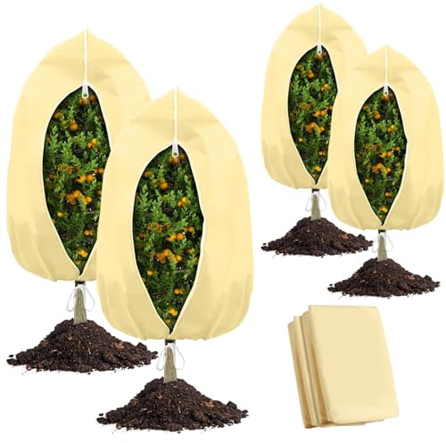 Winterschutz für Pflanzen,80g/m² Winterschutz für Kübelpflanzen,4 Stück Frostschutz Schutzhülle Pflanzensack,2*80 x120cm & 2*60 x 80cm,Wiederverwendbar Winter Pflanzenschutz mit Reißverschluss Zugband