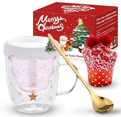 Allony Tazas Lindo de Navidad Taza, Calcetines Divertidos, Rosa Doble Pared con Aislamiento Lentes, Forma de Árbol de Navidad Taza de Café, Navideños Taza de Regalo per Caffè Latte Tè