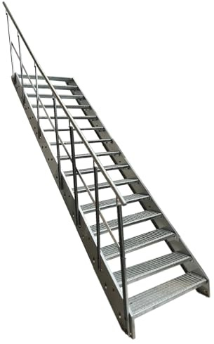 Kaminbau Mierzwa Premium Stahl Treppe mit Geländer links komplett Verzinkt / 15 Stufen (Breite 1000 mm) (Höhe285 cm) Wetterfest Gitterroststufe Gartentreppe