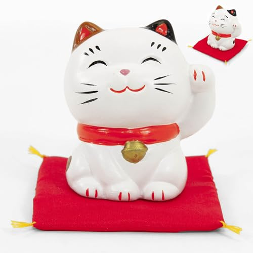 Arte Saigón Maneki Neko japonés, gato de la suerte de la pata levantada, Lucky Cat, hecho en Japón - Estatuilla de cerámica blanca, suerte, prosperidad, riqueza, salud (H7,5cm)(S49-7197)