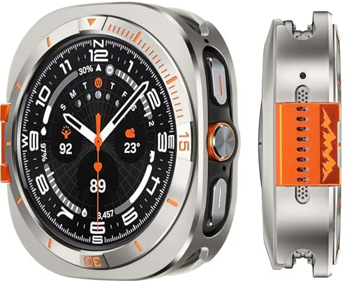 Suphart 2-i-1-fodral, kompatibelt med Samsung Galaxy Watch Ultra 2025/2024, robust metallskal med baksida för Galaxy Watch Ultra 47 mm (titan/orange)