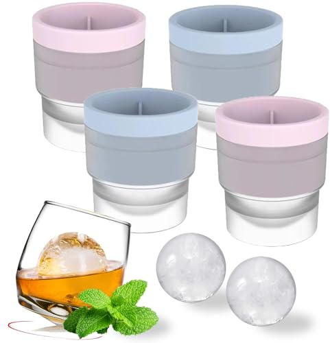 Confezione da 4 stampi per sfere di ghiaccio, 6 cm, grandi sfere a fusione lenta con foro di scarico, coperchi impilabili a prova di perdite e facile rilascio, 2 stampi in silicone blu e 2 rosa per