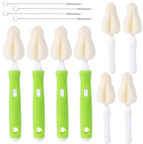 12pcs Sponge Nipple Bottle Brushes Set, Includes Bottle Nipple Cleaners with Replacement Brush Heads & Straw Brushes for Cleaning Baby Food Feeders Cups Straws