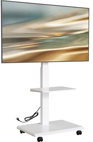 ECOTINY TV-stativ rullbar för 37–75 tum upp till 50 kg, Max VESA 600 x 400 mm | TV-stativ med uttag, dold kabelhantering, höjdjusterbar, vridbar, lutbar, 2-vägs bärkraft, vit