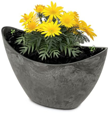 Vaso ovale per piante da esterno in 24 cm – Vaso decorativo alto vintage in antracite nero come vaso per fiori – Jardiniere per giardino, balcone o cimitero come gioiello per tomba