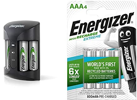 Energizer 639837 - Cargador 4HR6, 2000 mAh + HR03 - Pack de 4 Pilas Recargables AAA, Color Negro