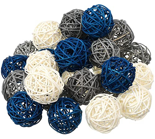 Yulejo 30 Pcs Blue Rattan Balls Blue Decorative Balls for Decoration Bowl Wicker 1.8 Inch White Gray Blue Balls Decor Decorative Fillers for Vases Home Decor Coffee Table Decorations for Craft, Party