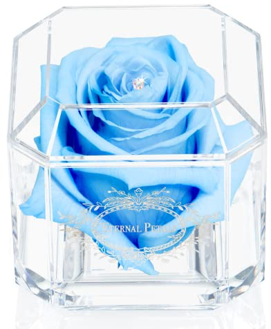 Eternal Petals A 100% Real Rose That Lasts Years, Handmade in UK – Gold Solo with A Multicolour Crystal (Light Blue)