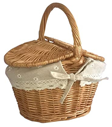 Panier de pique-nique en rotin avec couverture, panier de pique-nique en rotin tissé fait à la main avec poignée et double couvercles, panier de pique-nique en rotin pour camping en plein
