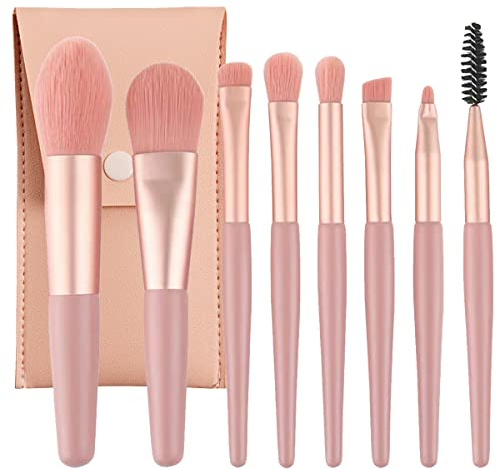 Leikedun Professional Makeup Brushes Set Mini 8Pcs Portable Make up Premium Kits with PU Leather Bag Foundation Powder Cosmetic Brush Blush Blending Eyeshadow Sets, Pink