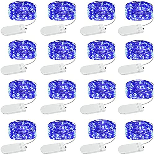 16 Stück blaue Lichterkette, batteriebetrieben, 3 m, 30 LEDs, Einmachglas-Lichter, wasserdichte Glühwürmchen-Lichterkette, Silberdraht, Mini-Lichterkette zum Basteln, Blumengirlande, Partydekoration