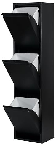 Atahome Recycling Bins for Kitchen Tall Metal Slim Trash Bin Cabinet 3 Bins Plastic Buckets with Metal Handles, 3x15 Litres Bin Divider Storage Organiser, Sturdy Rubbish Bin Perge 3 Drawer (Black)