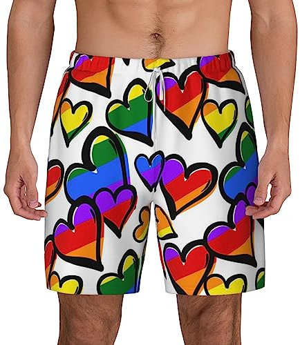 EVANEM Regenbogenfarbene Herzen Männer Badehose Boardshorts Schnell Trocknende Schwimmbrett Shorts Badeanzüge Badeshorts mit Mesh-Futter, weiß, S 7-9