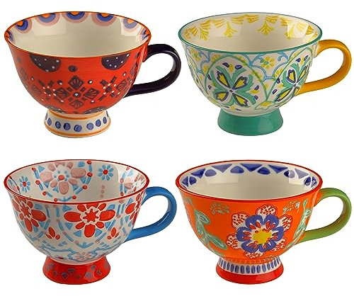 superyes Large Coffee Mugs Sets of 4, 15oz Footed Coffee Cups Set for Latte Cappuccino Hot Chocolate Soup, Hand-Painted Traditional Farmhouse Pattern