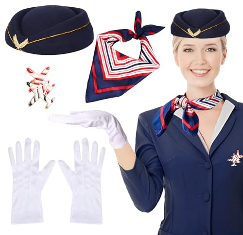 XEPST 4 stycken flygvärdskostym för kvinnor – Stewardess kostymtillbehörsset med flygvärdsmössa halsduk handskar broscher för kvinnor flickor halloween kostymer cosplay karneval kostym
