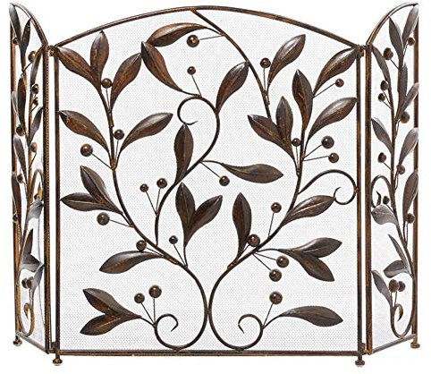 Kaminschirm, amerikanische Landhausvase, Blumen- und Blattmuster, Metallgürtel, Netz, Brandschutz, Wohnzimmer, DREI Paneele – Rotkupfer