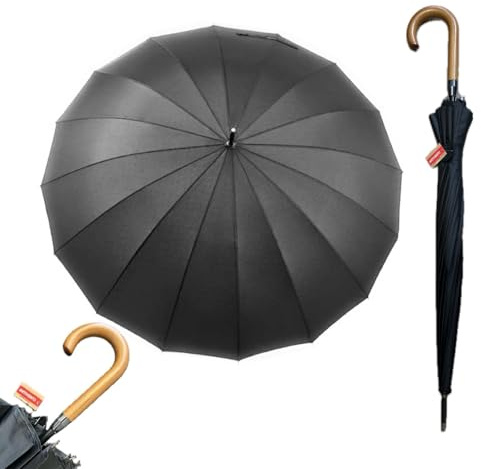 Paraguas Grande XXL Resistente Al Viento, 16 Varillas Reforzadas, Paraguas Plegable Antiviento Dama o Caballero, Mujer Hombre Negro, Extra Grande, Automático, 110cm Diametro MANGO DE MADERA Marca JNR