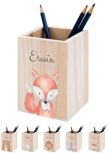 wunderwunsch® - Personalisierter Stiftehalter Kinder aus Holz - Kreativer und praktischer Schreibtisch-Organizer Kinder mit Namen - Perfektes Einschulung Geschenk und Geburtstag (Fuchs)