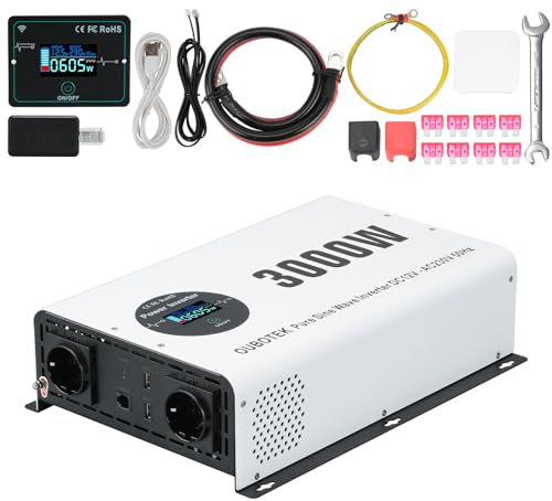 OUBOTEK Wechselrichter 3000W / 6000W Reiner Sinus DC 12V auf AC 230V mit Drahtloser Fernbedienung LCD-Anzeige 2 AC-Steckdosen 2 USB A und 1 Type C, spannungswandler für Wohnmobil Zuhause Off Grid